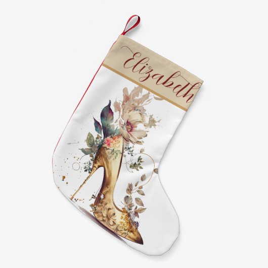 ボホシック金ゴールドハイヒールシューズフローラ パーソナライズされた スモールクリスマスストッキング (正面 (吊り時))