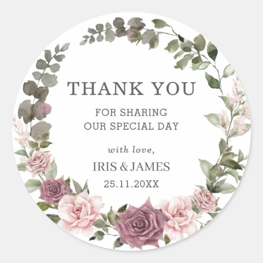 ボホシナモンバラ赤面ピンクフローラ結婚式の引き出物 ラウンドシール (正面)