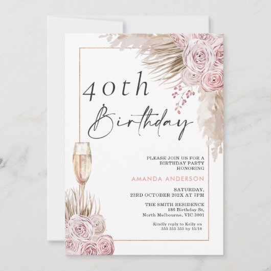 ボホシルクバラパンパスグラス誕生日招待状 招待状 (正面)