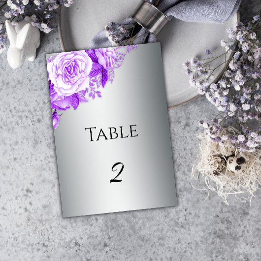 ボホシルバーとパープルのバラ結婚ズ テーブルナンバー