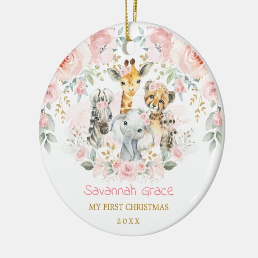 ボホジャングルアニマルズピンクフローラベビー1stクリスマス セラミックオーナメント (左)