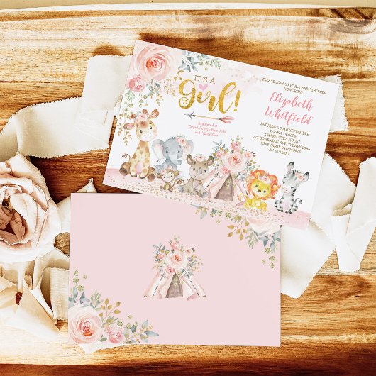 ボホジャングルサファリ赤面フローラガールベビーシャワー 招待状