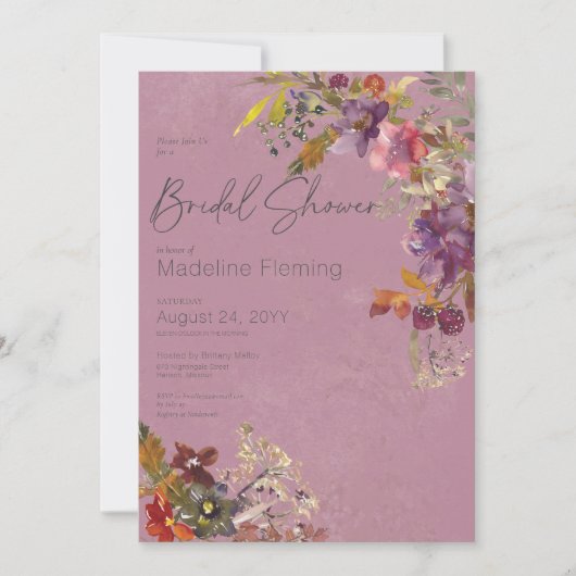 ボホジュエル素朴トーンプラム花模様ブライダルシャワー 招待状 (正面)