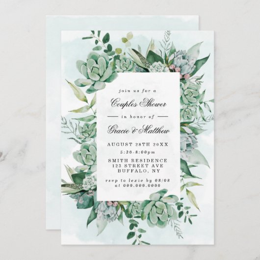 ボホジューシーな緑のカップルのシャワー招待状 (正面/裏面)