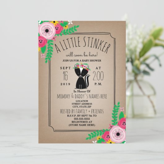 ボホスカンクフローラカードストッインスパイアク赤ちゃんシャワー 招待状 (スタンド正面)