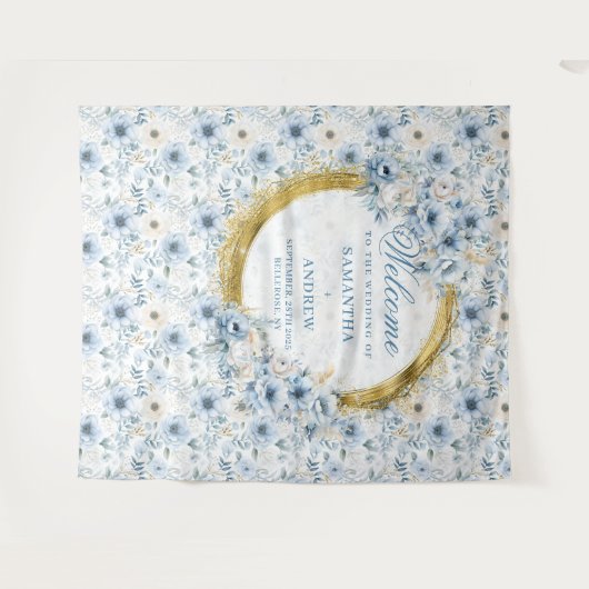 ボホスタイリッシュパステルブルー金ゴールド結婚ズ背景 タペストリー (正面(横))