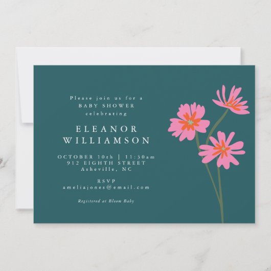 ボホスタイリッシュフラワーピンクティール(緑がかった色)フローラ赤ちゃんシャワー 招待状 (正面)