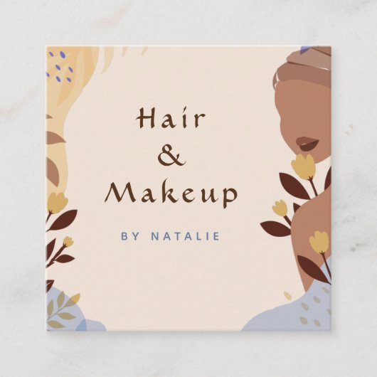 ボホスタイルガールイラストレーションメイクアップ自然ヘア スクエア名刺 (正面)