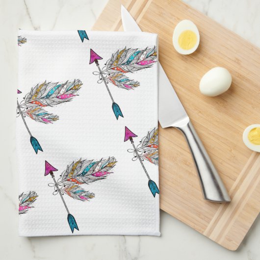 ボホスタイル装飾羽ぶら下がった骨 キッチンタオル (四つ折り)