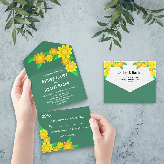 ボホス素朴ンフラワーグリーン春フローラ結婚ズ オールインワン招待状