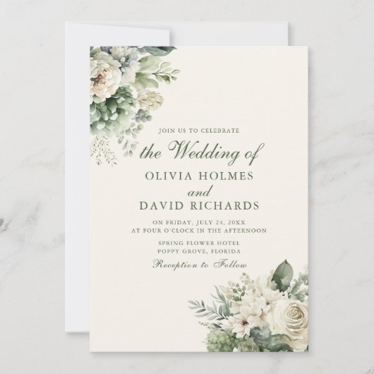 ボホセージグリーンとアイボリーフローラ結婚ズ 招待状 (正面)