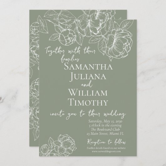 ボホセージグリーンボタニカルモダンフローラ結婚ズ 招待状 (正面/裏面)