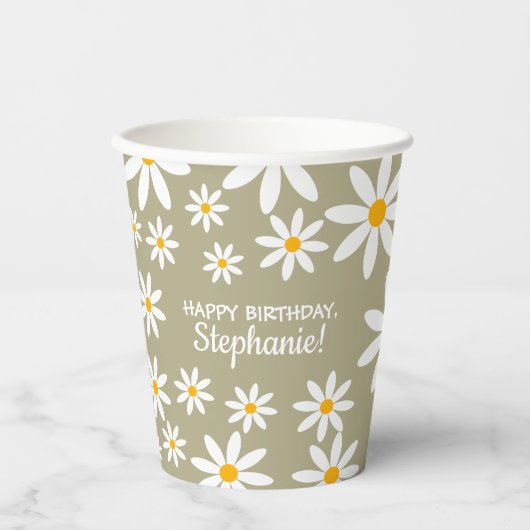 ボホセージグリーンレトロデイジー誕生日パーティー 紙コップ (正面)