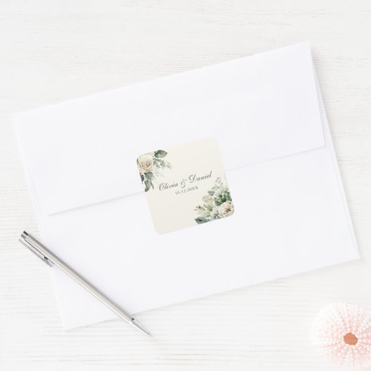 ボホセージ緑とアイボリーの花結婚の数 スクエアシール (封筒)