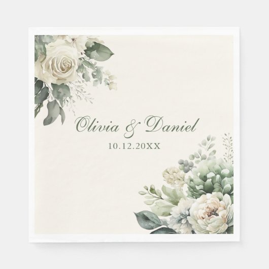 ボホセージ緑とアイボリーの花結婚の数 スタンダードランチョンナプキン (正面)