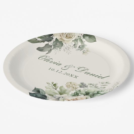 ボホセージ緑とアイボリーの花結婚の数 ペーパープレート (アングル)