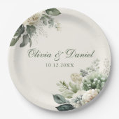 ボホセージ緑とアイボリーの花結婚の数 ペーパープレート (正面)