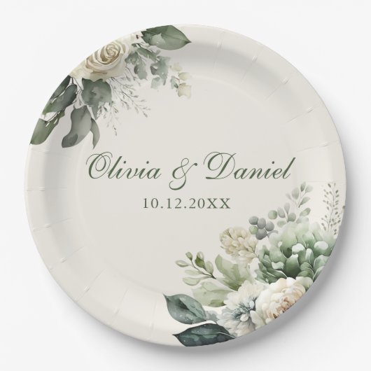 ボホセージ緑とアイボリーの花結婚の数 ペーパープレート (正面)