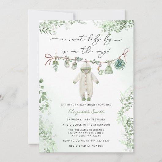 ボホセージ緑の男の赤ちゃん服ベビーシャワー 招待状 (正面)