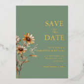 ボホセージ緑の野草結婚式の日付を保存 箔招待状 (正面)