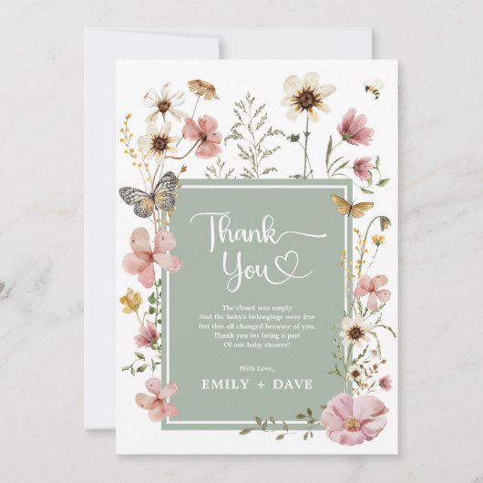 ボホセージ緑ピンクのワイルドフラワーガーデンベイビーシャワー サンキューカード (正面)