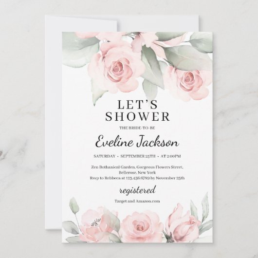 ボホソフトピンクフローラと緑ブライダルシャワー 招待状 (正面)