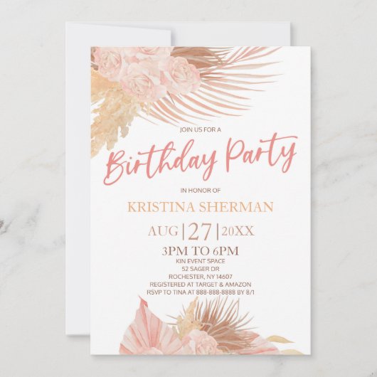 ボホソフトピンクフローラ花誕生日パーティー 招待状 (正面)