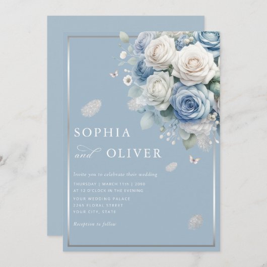 ボホダスティエレガントブルーフローラエレガントな結婚式 招待状 (正面/裏面)