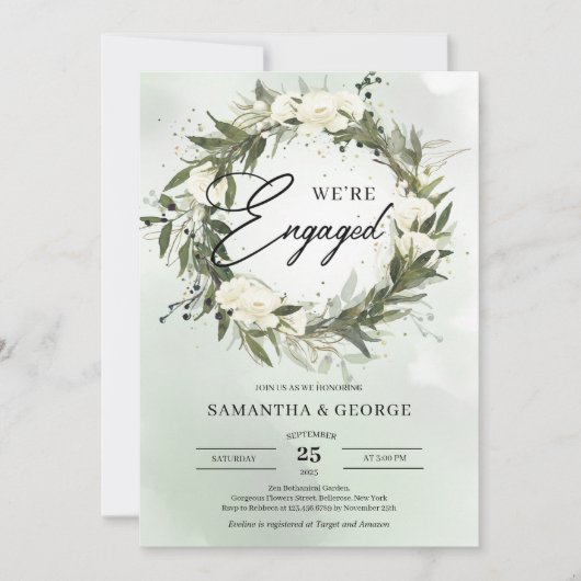 ボホダスティグリーンオリーブリースホワイトローズ 招待状 (正面)