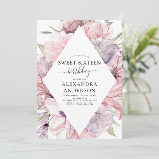 ボホダスティパープルスウィート16誕生日フローラインビタット 招待状 (スタンド正面)