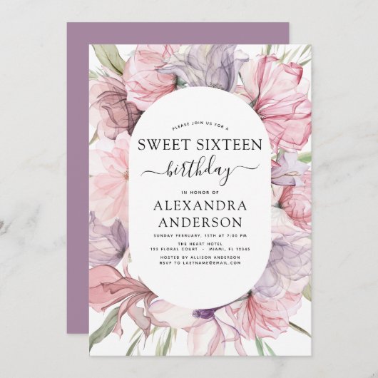 ボホダスティパープルスウィート16誕生日フローラ 招待状 (正面/裏面)