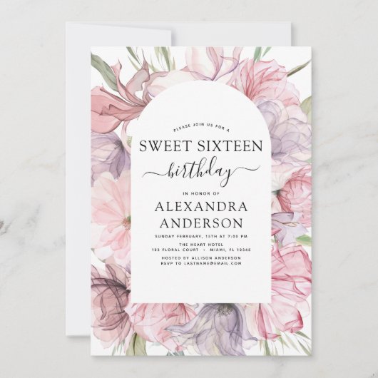 ボホダスティパープルスウィート16誕生日フローラ 招待状 (正面)