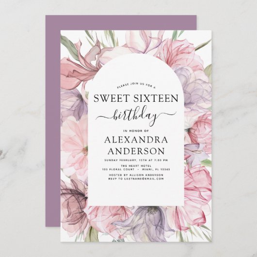 ボホダスティパープルスウィート16誕生日フローラ 招待状 (正面/裏面)