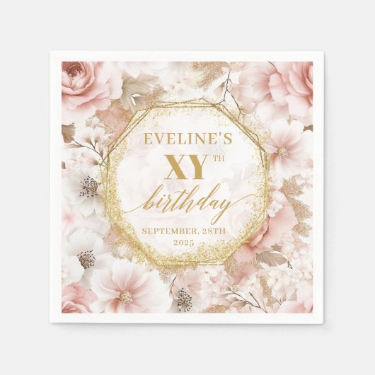 ボホダスティピンク80誕生日ナプキンスと花模様 スタンダードカクテルナプキン (正面)