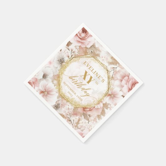 ボホダスティピンク80誕生日ナプキンスと花模様 スタンダードカクテルナプキン (角)