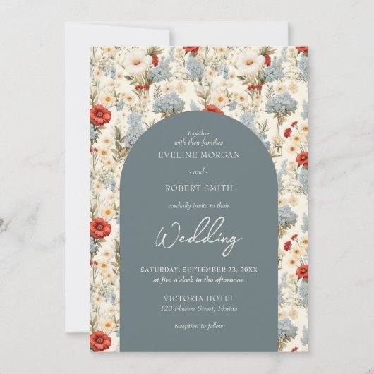 ボホダスティブルーとテラコッタ野生の花アーチ 招待状 (正面)