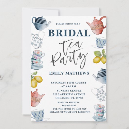 ボホダスティブルーウォーター色ブライダルティーパーティー招待券 招待状 (正面)