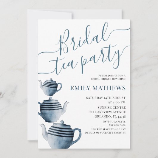 ボホダスティブルーウォーター色ブライダルティーパーティー 招待状 (正面)