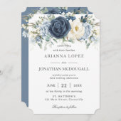 ボホダスティブルーネイビーアイボリーフローラセージ結婚ズ 招待状 (正面/裏面)