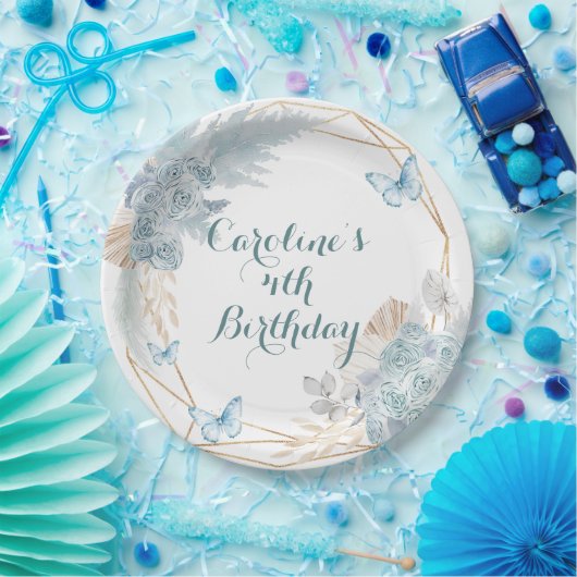 ボホダスティブルーバタフライジオメトリック誕生日 ペーパープレート (パーティー)