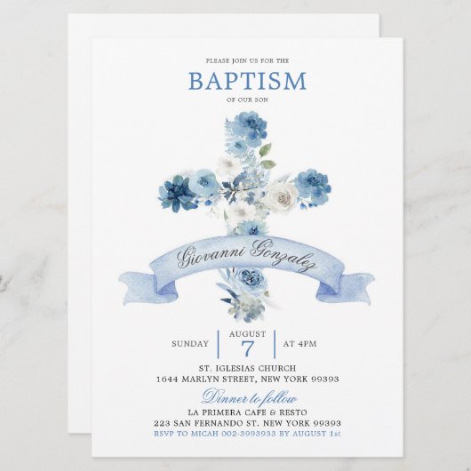 ボホダスティブルーバプテスマフローラクロスバプテスマ招待状 招待状 (正面/裏面)