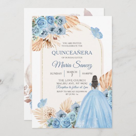 ボホダスティブルーフローラスペインのガールXVアニョスインヴィータ 招待状 (正面/裏面)