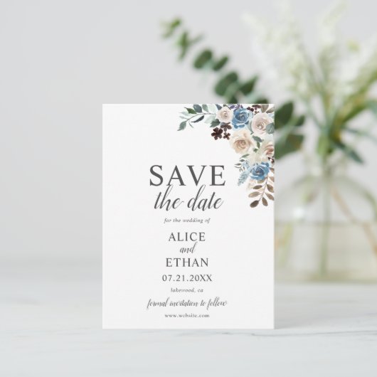 ボホダスティブルーベージュフラワーウェディングデートを保存 案内ポストカード (スタンド正面)