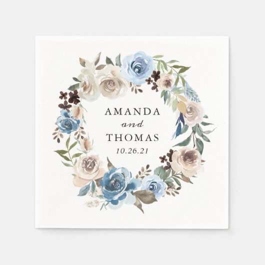 ボホダスティブルーベージュフローラリース結婚ズ スタンダードカクテルナプキン (正面)