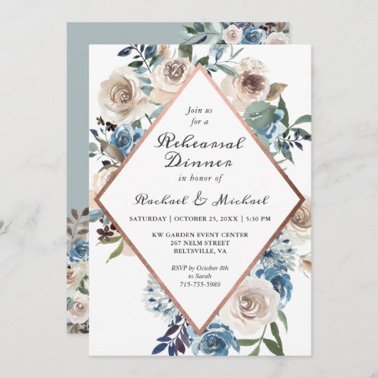 ボホダスティブルー素朴フローラリハーサルディナー 招待状 (正面/裏面)