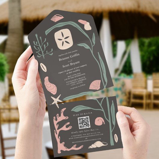 ボホダークビーチシーシェ結婚ルのQR RSVP オールインワン招待状