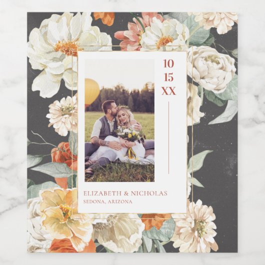 ボホダークフローラ |モノグラム結婚の写真 ワインラベル (シングルラベル)