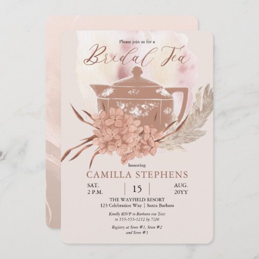 ボホティーポット |アジサイ |パンパスグラスブライダル茶 招待状 (正面/裏面)