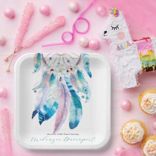 ボホティール(緑がかった色)とパープルドリームキャッチャー赤ちゃんシャワー ペーパープレート (パーティー)