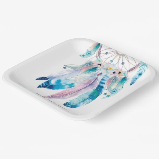 ボホティール(緑がかった色)とパープルドリームキャッチャー赤ちゃんシャワー ペーパープレート (傾斜あり)